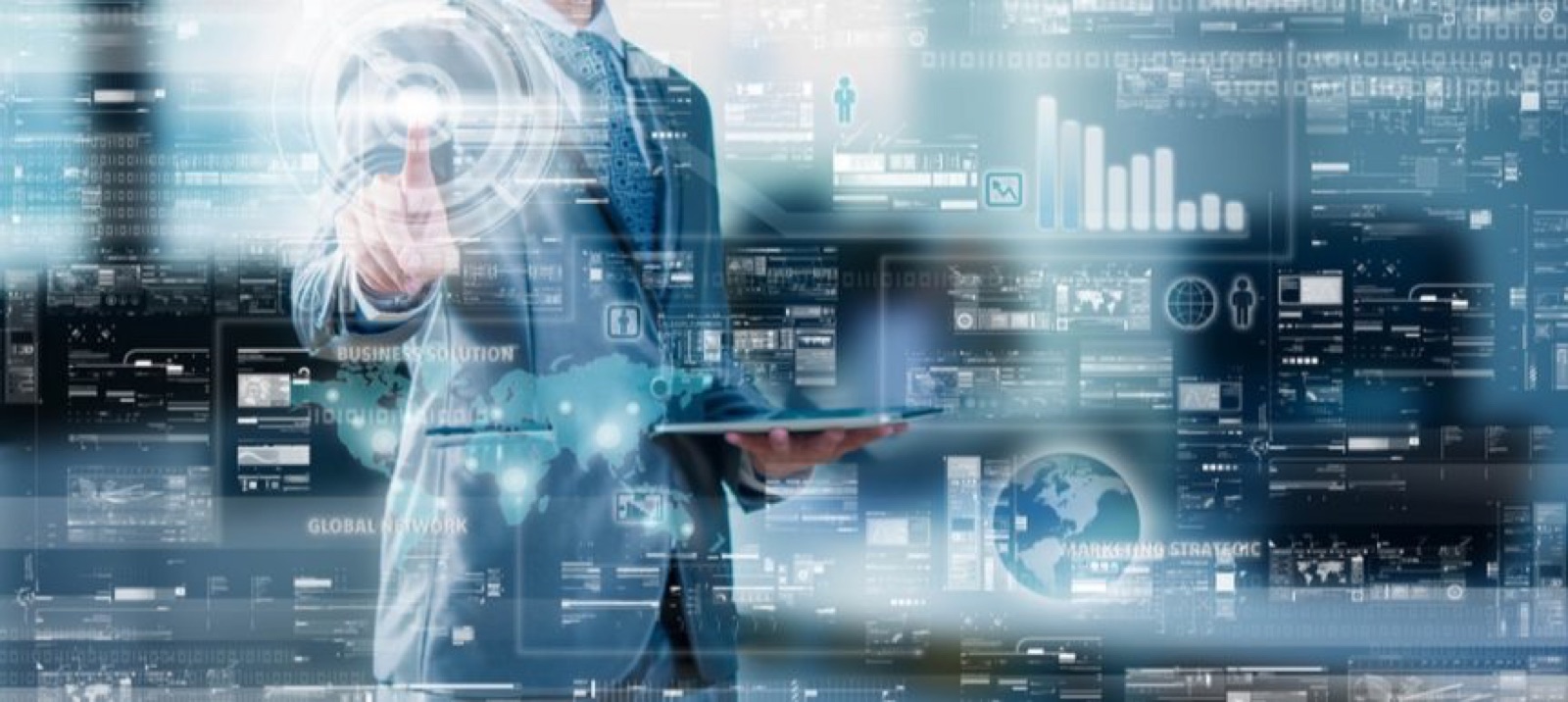 Businessman touching a screen of data dashboards