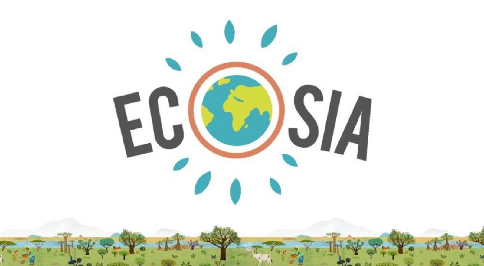Ecosia logo above an illustrated row of trees