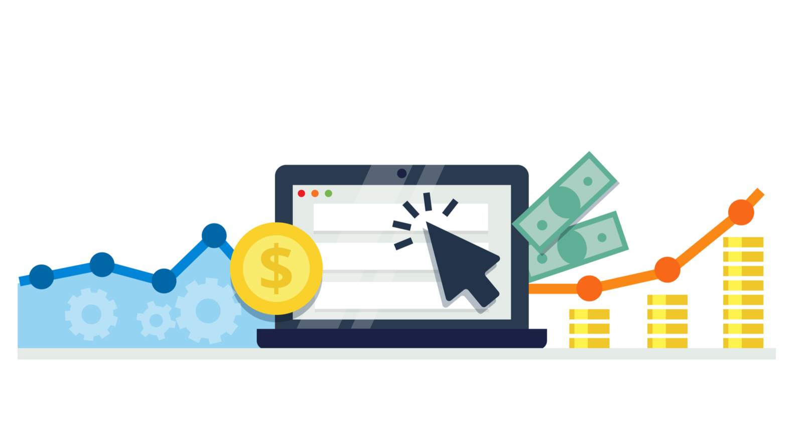 Illustration of rising charts, coins and a click on a laptop advert