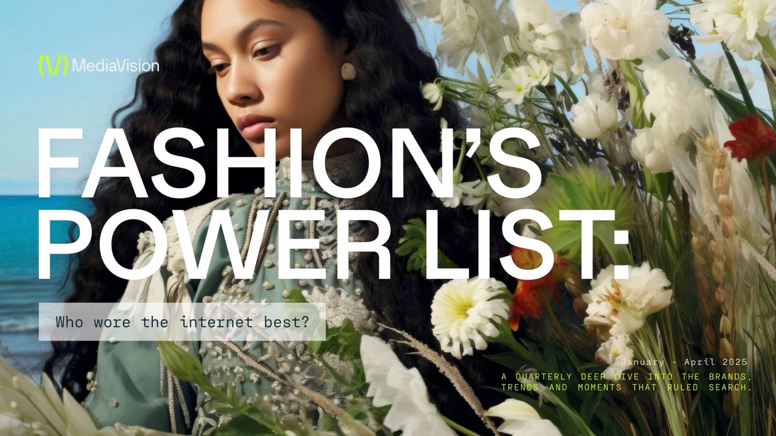 Fashion's Power List report cover: a woman among white flowers under the headline