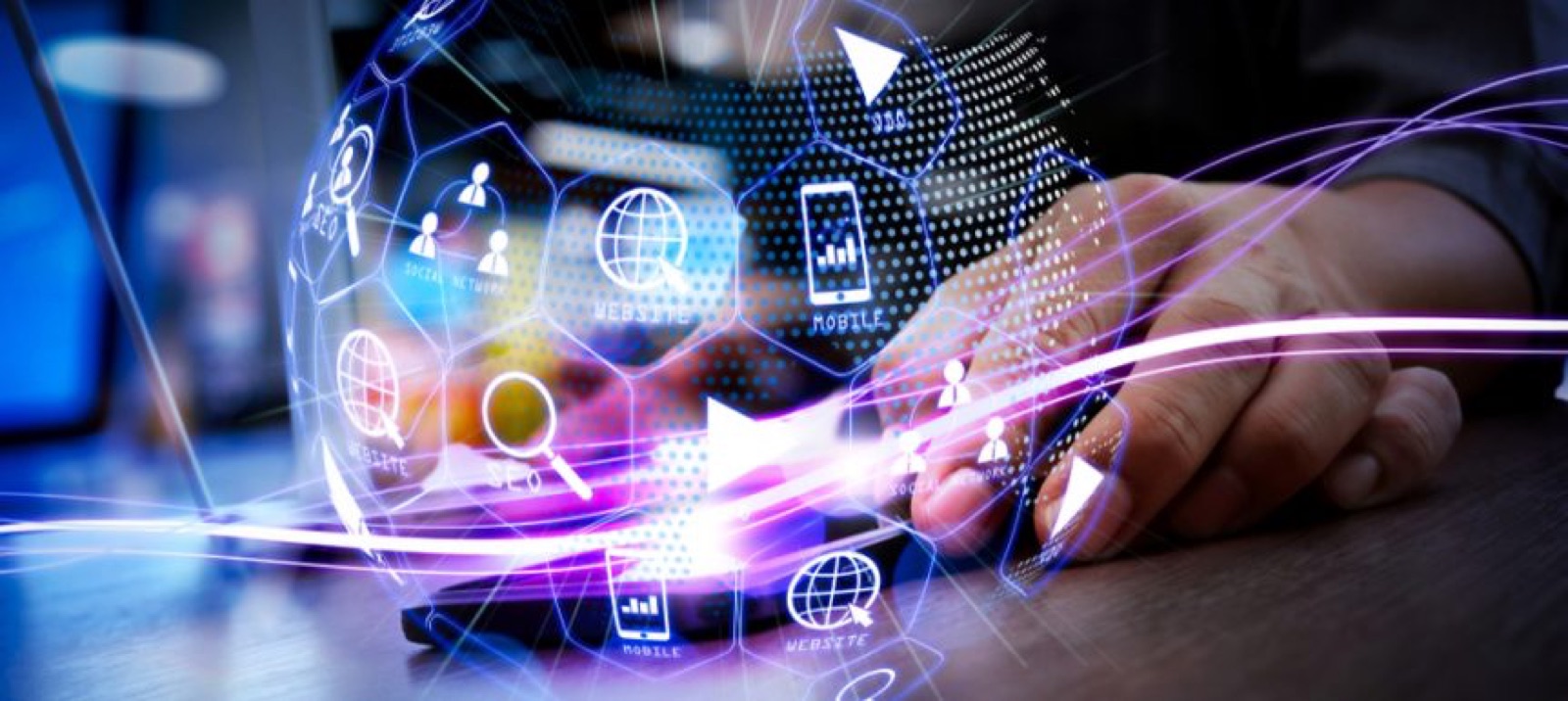 Hand using a phone surrounded by glowing data icons