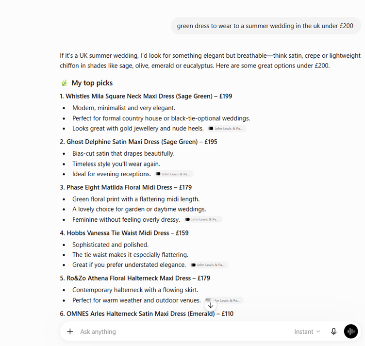 ChatGPT generating product recommendations for a high-intent ecommerce query
